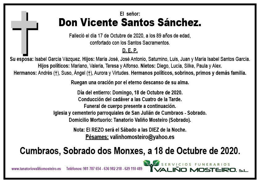 Esquela de Vicente Santos Sánchez.